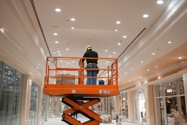 Engineers installing ceiling speakers inside a mall.